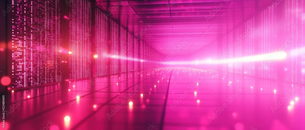 Poster pink server room with glowing data panels and light beam, concept of data processing, artificial int
