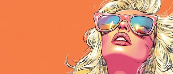 Blonde woman with pink sunglasses reflecting a sunset, looking up with a confident mood Concept of summer, fashion, and retro style