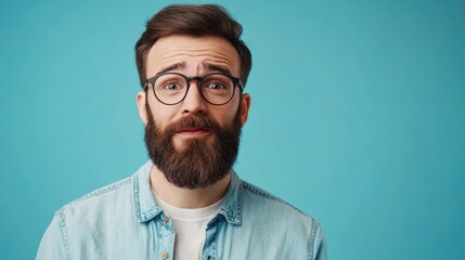 Obraz premium Portrait of bearded man wearing stylish eyeglasses, explaining. Influencer recording video