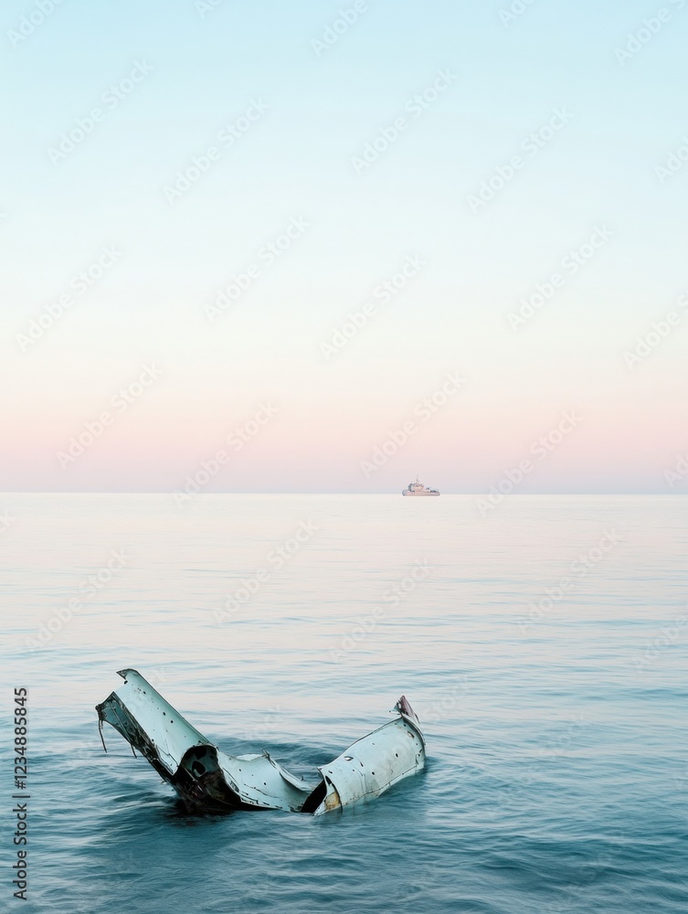 Poster broken airplane parts floating on a calm ocean during twilight hours near an unseen vessel. generati