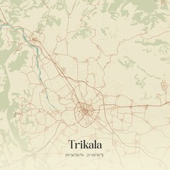 Vintage map of Trikala, Greece.