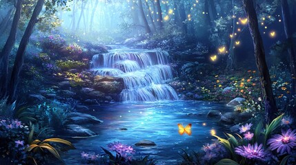 Naklejka premium Enchanted forest waterfall, fireflies, flowers, night, fantasy, game background