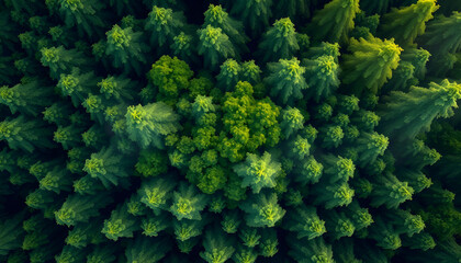 Naklejka premium Aerial view of a green forest with a small area of vibrant green trees, highlighting nature, conservation, environmental themes, and woodland landscapes