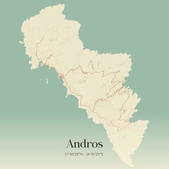 Vintage map of Andros, Greece.