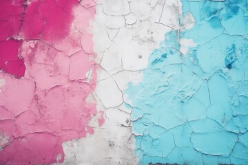 Obraz premium Close up of a cracked wall revealing layers of pink, white, and light blue paint, creating an abstract textured background