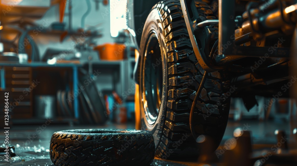 Poster technical tire repair process in workshop setting for maintenance and engineering design