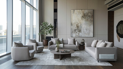 Interior of Stylish Modern Living Room with Grey Sofas and Coffee Table, Spacious Layout Near Large Window, Bright Natural Light Streaming In, Contemporary Decor with Sleek and Comfortable Design
