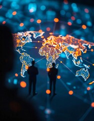 social network concept  Bright digital world map highlighting global connections with orange and red glowing lines, futuristic data visuals, and silhouettes of individuals for a modern tech theme