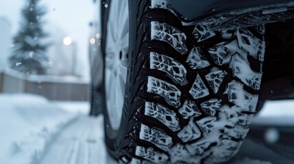 Winter Tire Close-Up with Snowy Tread Pattern for Safe Driving in Snow and Ice