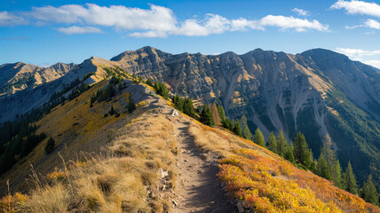 Obraz premium Mountain Trail Leading Along the Ridge of Beautiful Mountains, Surrounded by Vibrant Autumn Grass, Scenic Landscape with Stunning Views, Majestic Peaks in the Distance, Nature Adventure