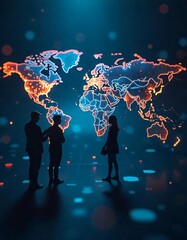 global business concept Digital world map with glowing blue and orange lines, silhouettes of people, and futuristic data network visuals, representing modern technology and global collaboration