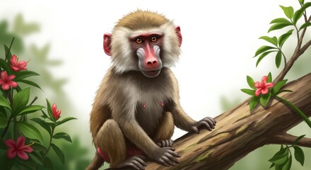 Fototapeta premium A baboon perched on a branch surrounded by vibrant flowers in nature