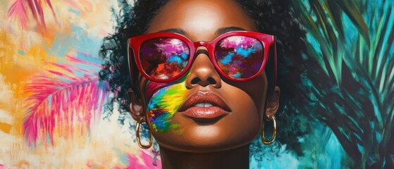 Obraz premium Artistic portrait of a stylish Black woman with colorful paint on her face, wearing red sunglasses reflecting a vibrant abstract background Concept of beauty, art, and fashion