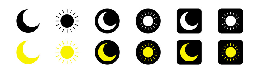 Day and night mode switch icon set. Mobile app interface design concept. Day, night, sun and moon signs and symbols 