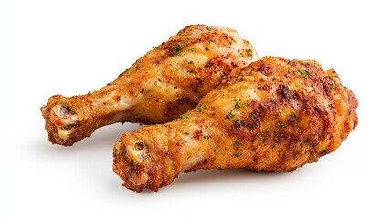 Two Roasted Chicken Drumsticks With Herbs On White Background