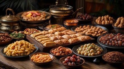 Obraz premium A Wooden Table Laden With An Array Of Middle Eastern/Central Asian Sweets And Savory Dishes, Set Against A Dark, Rustic Background. The Scene Evokes Warmth And Abundance.