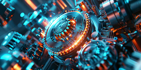 Fototapeta premium Complex Mechanical Gears and Components with Blue-Orange Lighting