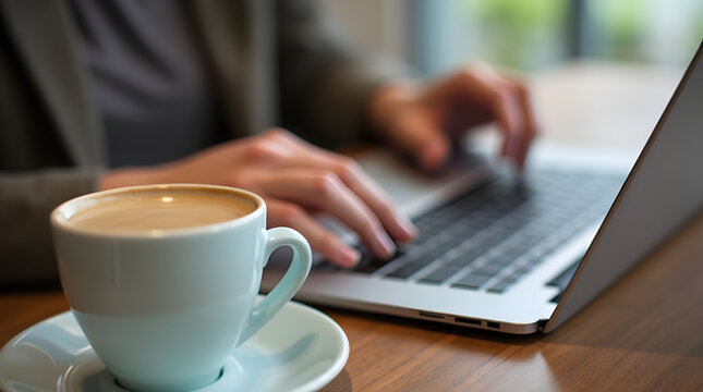 A close-up of hands typing on a laptop with a cup of coffee, showcasing productivity and remote work
