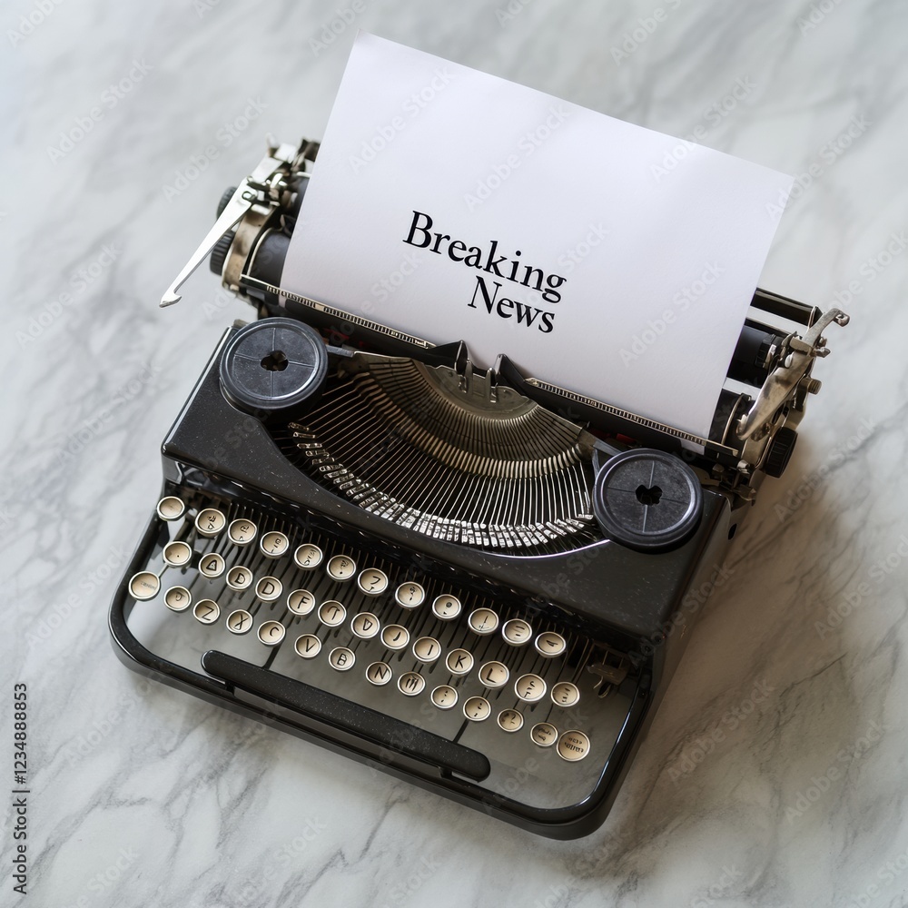 Aufkleber Vintage typewriter with breaking news on a blank sheet of paper creating a classic news atmosphere in a retro setting. Generative AI