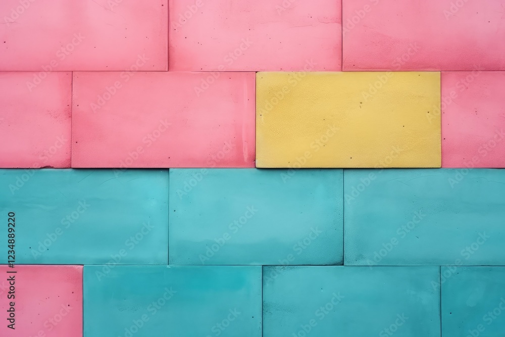 Poster geometric composition featuring a yellow rectangular tile contrasting with pink and turquoise surrou