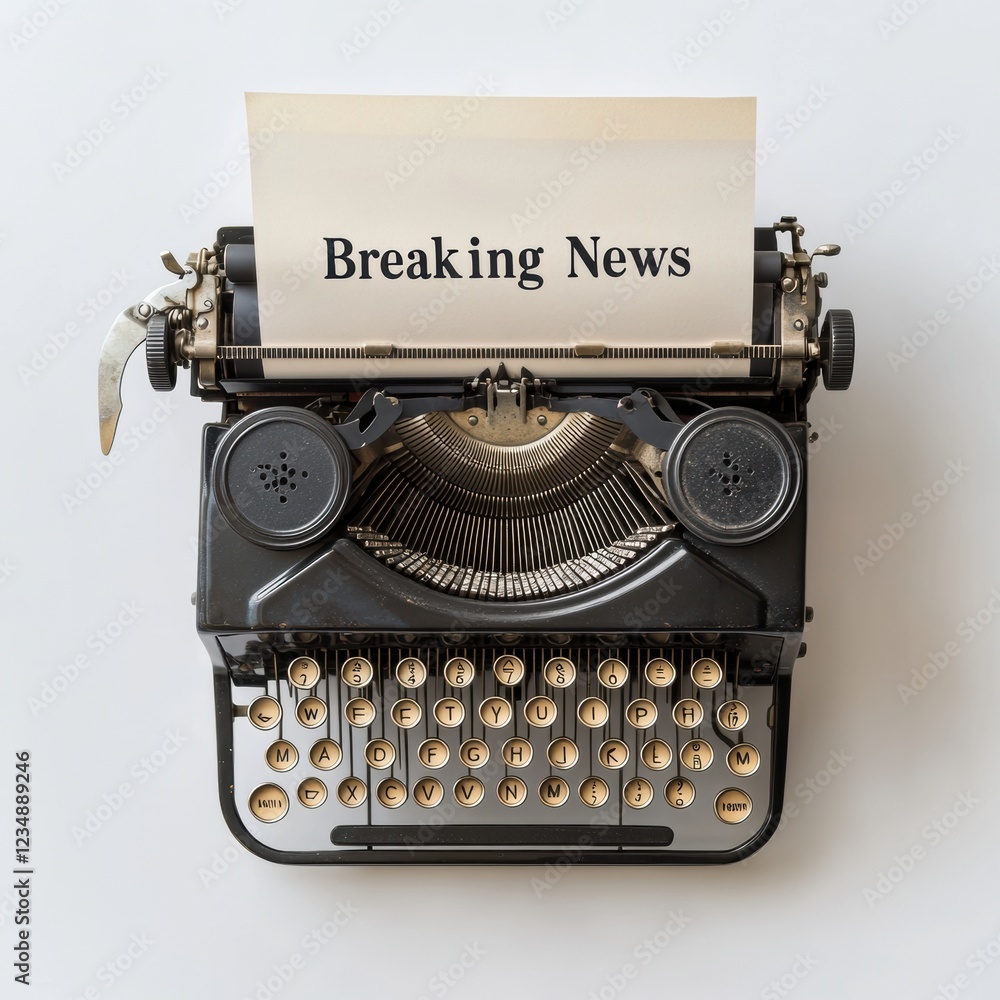 Poster vintage typewriter displays breaking news in bold letters on a blank sheet of paper. generative ai