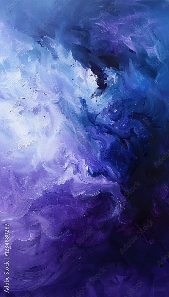Poster dynamic abstract painting in blues and purples expressing deep emotion and complexity of sadness