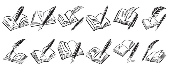 Book with pen set icon. Write a message, correspondence, chat, book, note, book, literature, education, notepad, pen, pen, ink, sheet, paper. Simple Set of Copywriting Related Vector Line Icons.