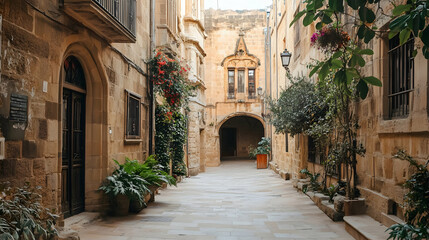 Obraz premium Narrow European street, old buildings, plants, sunny day, travel