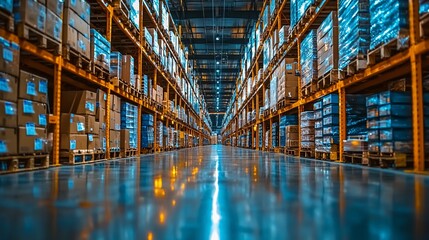 Vast Warehouse Interior: Rows of Pallets, Industrial Architecture, Logistics, Storage, 