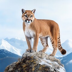 Obraz premium Majestic Cougar Stands on a Rocky Outcrop with Snowy Mountains - A majestic cougar poses on a rocky outcrop with snow-capped mountains in the backdrop, symbolizing strength, wilderness, beauty