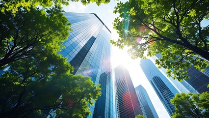 Exemplifying the ESG - Environmental, Social, Governance concept, a corporate glass building facade reflects green trees. Importance of integrating sustainability into business practice. Generative AI