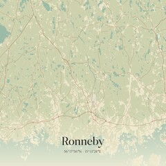 Vintage map of Ronneby, Sweden. 