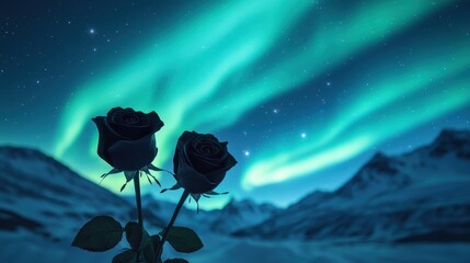 A pair of roses under a vibrant aurora borealis in a starry night sky.
