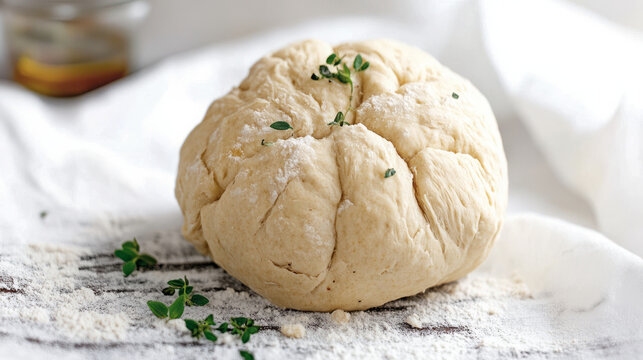 artisan thyme-infused bread dough preparation: a culinary exploration of unbaked herb dough, featuring yeast, flour, and fresh seasoning for homemade baking enthusiasts