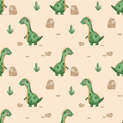 Cute dino patterns, seamless pattern with dinosaurs in glasses, dino kids print, kids textile design, watercolor illustration