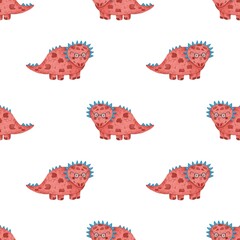 Cute dino patterns, seamless pattern with dinosaurs in glasses, dino kids print, kids textile design, watercolor illustration