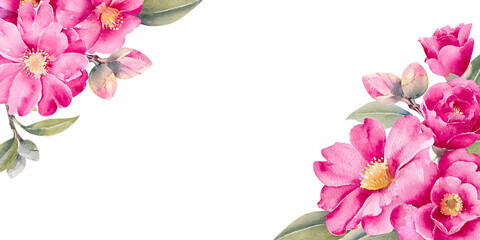 Fototapeta premium Watercolor art template with pink camellia flowers and leaves isolated on white background
