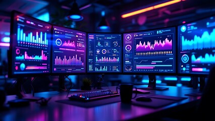 Computer monitor displaying an abstract network monitoring dashboard with real-time data analytics, graphs, and system health indicators.