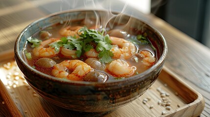 A steaming bowl filled with shrimp soup sits on a wooden table. The dish features fresh shrimp, herbs, and a rich broth, evoking warmth and comfort in a cozy setting