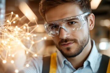 Young Man in Safety Goggles Working with Digital Connections
