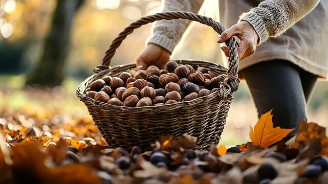 Harvesting Chestnuts in Autumn with Baskets Full of Nuts