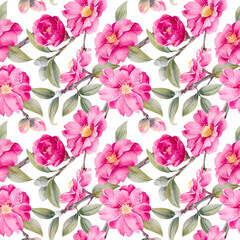 Watercolor pink camellia flowers and leaves seamless pattern isolated on white background