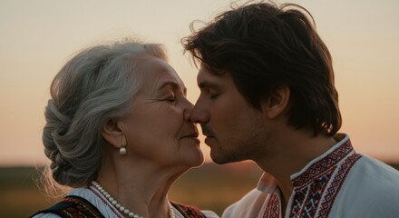 Tender moment between elderly caucasian woman and young caucasian man in traditional attire at sunset