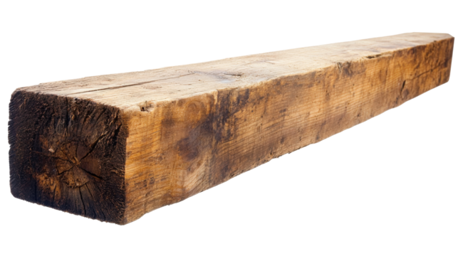 Close-up of reclaimed wood beam isolated on transparent background