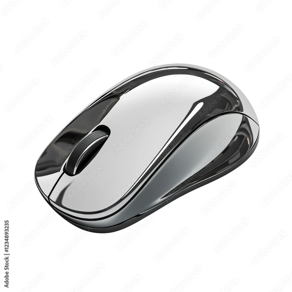 Poster a highly polished chrome wireless computer mouse is shown against a black background in a detailed p