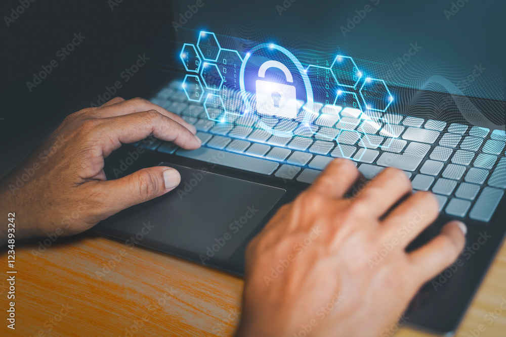 Poster businessman protecting personal data on computer, virtual screen interfaces