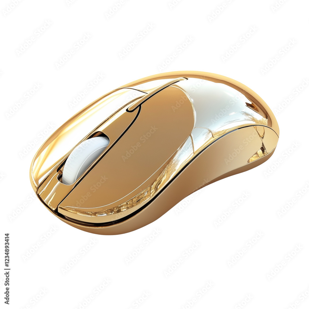 Poster The image shows a sleek gold wireless computer mouse with a reflective surface and ergonomic design.
