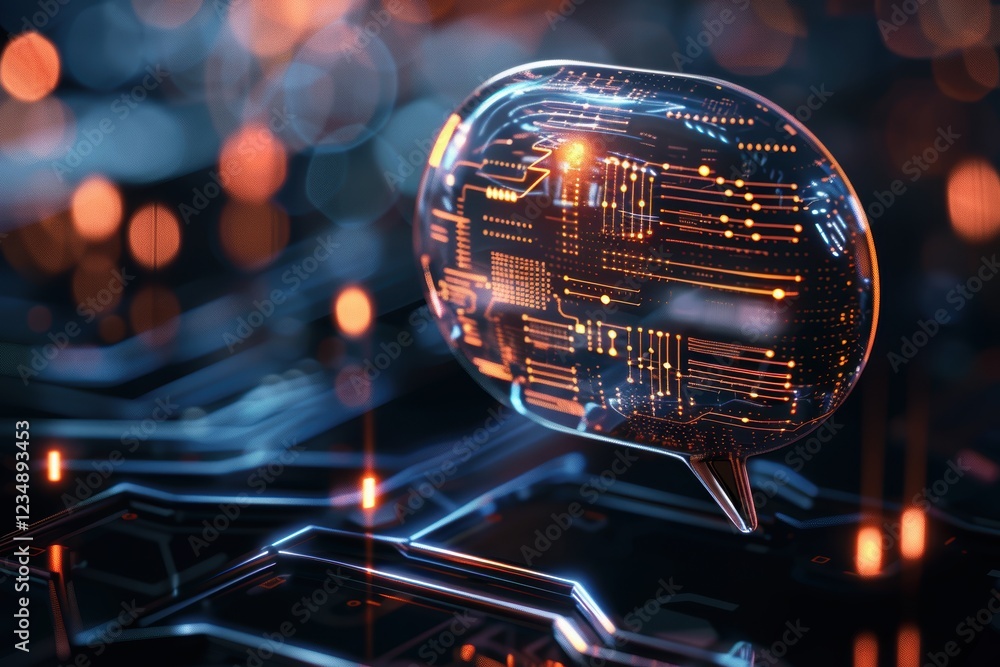 Poster futuristic speech bubble with circuit board design for tech-themed digital art and innovation concep