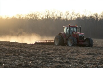 Obraz premium Red tractor working on a plowed field at sunrise, with dust rising in the air, symbolizing early morning farming, agriculture, and rural labor