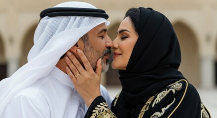 Romantic moment of middle eastern couple in traditional attire highlighting cultural heritage